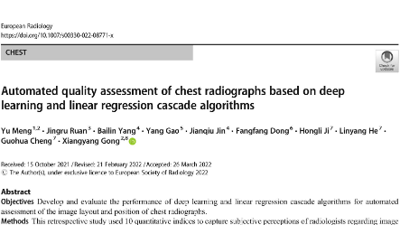 《European Radiology》最新文章：基于深度學習和線性回歸級聯算法的胸片自動質量評價